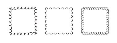 Kare karalama çerçeveleri, el yazması monogramlar. Kenarları ve kadranları basit tasarım elementleri. İzole edilmiş.