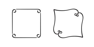 Kare karalama çerçeveleri, el yazması monogramlar. Kenarları ve kadranları basit tasarım elementleri. İzole edilmiş.