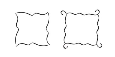 Kare karalama çerçeveleri, el yazması monogramlar. Kenarları ve kadranları basit tasarım elementleri. İzole edilmiş.