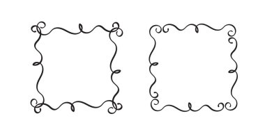 Kare karalama çerçeveleri, el yazması monogramlar. Kenarları ve kadranları basit tasarım elementleri. İzole edilmiş.