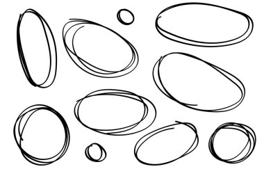 Grunge daireleri hazır, el çizimi yuvarlak vurgu elementleri. Sketchy oval ve elips, önemli işaret vurgusu. Doodle çerçeve tasarımı. İzole edilmiş. Vektör