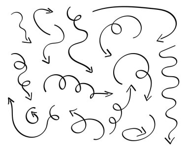 Oklar ayarlandı, el çizimi karalama yönü büküm göstergeleri, işaretler ve kaydırma elementleri. Girdap şeklinde çeşitli dinamik şekiller koleksiyonu. Beyaz arkaplanda izole edilmiş. Vektör