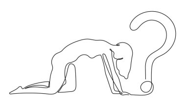 Soru işaretli bir kadın, bir satır sanat eseri, el çizimi sorgu işareti sürekli sınır çizgisi, fikir sürekliliği, minimalist tasarım. Sorgulama SSS konsepti, cevap bulma. Düzenlenebilir vuruş. İzole edilmiş.