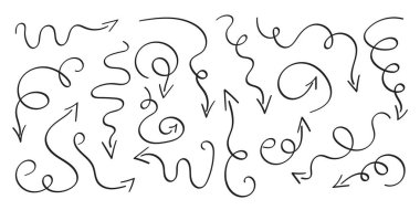 Oklar ayarlandı, el çizimi karalama yönü büküm göstergeleri, işaretler ve kaydırma elementleri. Girdap şeklinde çeşitli dinamik şekiller koleksiyonu. Beyaz arkaplanda izole edilmiş. Vektör