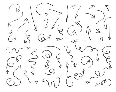 Oklar ayarlandı, el çizimi karalama yönü büküm göstergeleri, işaretler ve kaydırma elementleri. Girdap şeklinde çeşitli dinamik şekiller koleksiyonu. Beyaz arkaplanda izole edilmiş. Vektör