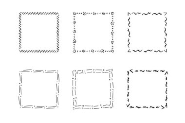 Kare karalama çerçeveleri, el yazması monogramlar. Kenarları ve kadranları basit tasarım elementleri. İzole edilmiş.