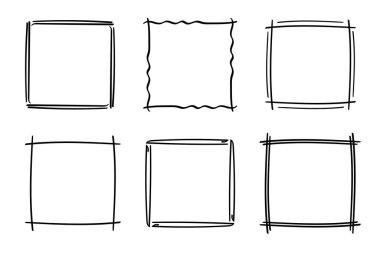 Kare karalama çerçeveleri, el yazması monogramlar. Kenarları ve kadranları basit tasarım elementleri. İzole edilmiş.