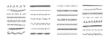 El çizimi işaretleme vuruşları, altçizgiler. Karalama stili koleksiyonu çeşitli şeritler. Sanat çizgileri. Beyazlar üzerinde izole edilmiş. Vektör illüstrasyonu.