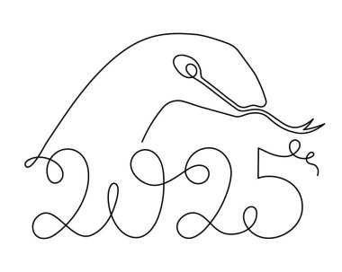 2025 year of snake one line art, hand drawn continuous contour.Holiday concept,festive New year chinese astrological horoscope, poisonous reptile serpent outline.Editable stroke.Isolated. clipart