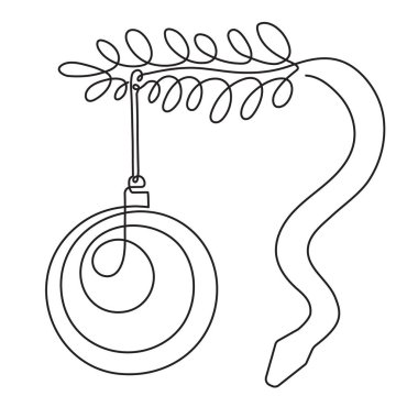Yılan ve Noel oyuncağı 2025 yılı bir çizgi sanat, el çizimi aralıksız kontur. Bayram festivali, Çin astrolojik burcu ve şenlikli ağaç topu, zehirli sürüngen çizgisi..