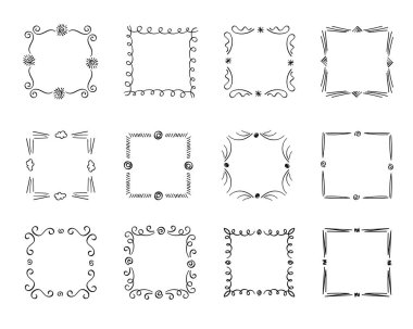 Kare çerçeve karalama seti, el yapımı monogramlar. Kenarları ve kadranları basit tasarım elementleriyle. İzole edilmiş. Vektör illüstrasyonu.