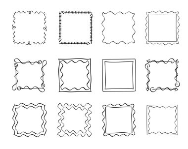 Kare çerçeve karalama seti, el yapımı monogramlar. Kenarları ve kadranları basit tasarım elementleriyle. İzole edilmiş. Vektör illüstrasyonu.
