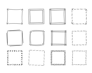 Kare çerçeve karalama seti, el yapımı monogramlar. Kenarları ve kadranları basit tasarım elementleriyle. İzole edilmiş. Vektör illüstrasyonu.