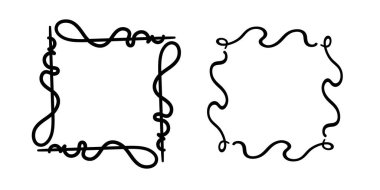 Kare karalama çerçeveleri, el yazması monogramlar. Kenarları ve kadranları basit tasarım elementleri. İzole edilmiş.