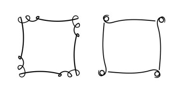 Kare karalama çerçeveleri, el yazması monogramlar. Kenarları ve kadranları basit tasarım elementleri. İzole edilmiş.