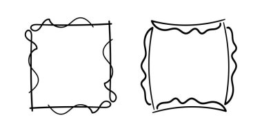 Kare karalama çerçeveleri, el yazması monogramlar. Kenarları ve kadranları basit tasarım elementleri. İzole edilmiş.
