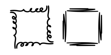 Kare karalama çerçeveleri, el yazması monogramlar. Kenarları ve kadranları basit tasarım elementleri. İzole edilmiş.