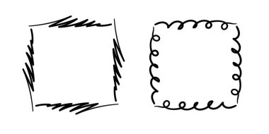 Kare karalama çerçeveleri, el yazması monogramlar. Kenarları ve kadranları basit tasarım elementleri. İzole edilmiş.