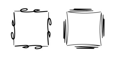 Kare karalama çerçeveleri, el yazması monogramlar. Kenarları ve kadranları basit tasarım elementleri. İzole edilmiş.