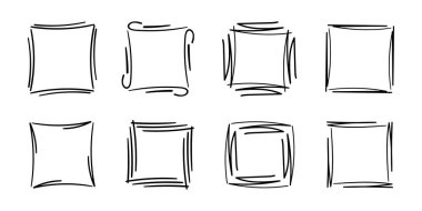 Kare çerçeve karalama seti, el çizimi monogramlar. Basit tasarım elementleri olan kenarlar ve kadrolar. İzole edilmiş.