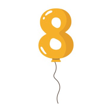 İpli sarı balon. Doğum günü partisinin düz dekorasyonu, kutlama sembolü, sayısal tatil tasarımı. İzole edildi.