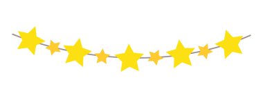 Sarı yıldız şenlik çelengi, dekoratif parti tasarımı, basit tatil dekorasyonu, elle çizilmiş düz stil. İzole edilmiş. Vektör illüstrasyonu