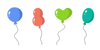 İpli balonlar, parti için dekoratif hava dolu kutlama tasarımı, doğum günü partisi dekorasyonu, şenlik sembolü, tatil yıldönümü tasarımı. İzole edildi.