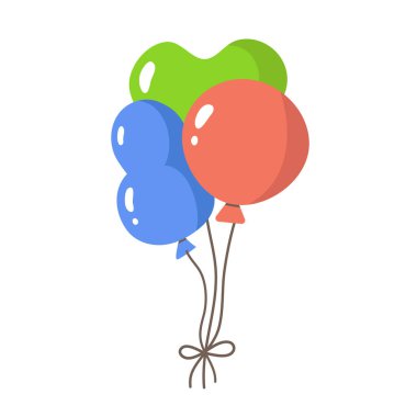 İpli balonlar, parti için dekoratif hava dolu kutlama tasarımı, doğum günü partisi dekorasyonu, şenlik sembolü, tatil yıldönümü tasarımı. İzole edildi.