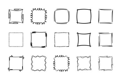 Kare karalama çerçeveleri, el yazması monogramlar. Kenarları ve kadranları basit tasarım elementleri. İzole edilmiş.