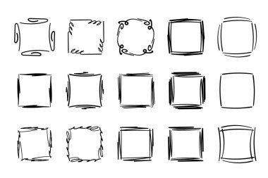 Square doodle frames ,hand-drawn monograms.Edgings and cadres with simple sketchy design elements.Isolated.Vector clipart