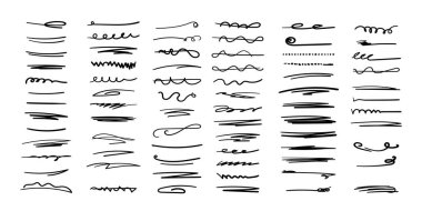 El yapımı çizgiler, fırça çizgileri, altçizgiler. Çeşitli şekillerde el yapımı karalama koleksiyonu. Harf Sanatları. Beyazda izole edilmiş. Vektör