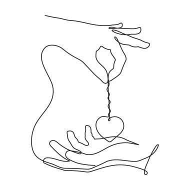 Kalp çizgisi olan bir el sanat, aşk hissi sürekli konsept çizim, el çizimi Sevgililer Günü süsü. Romantizm, nişan ve evlilik sembolü. Düzenlenebilir vuruş. İzole edildi. Vektör.