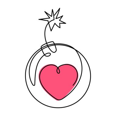 Love bomb concept one line art,hand-drawn enamored bang heart continuous contour.Feelings expression concept,festive design romantic Valentine's Day simple minimalist design.Editable stroke.Isolated clipart