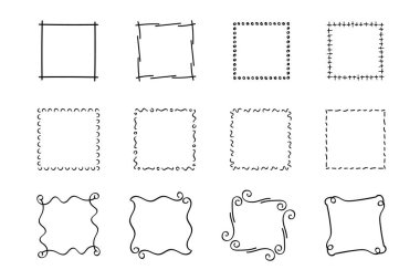 Kare karalama çerçeveleri, el yazması monogramlar. Kenarları ve kadranları basit tasarım elementleri. İzole edilmiş.