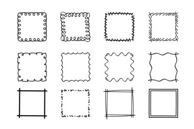 Kare karalama çerçeveleri, el yazması monogramlar. Kenarları ve kadranları basit tasarım elementleri. İzole edilmiş.