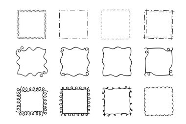 Kare karalama çerçeveleri, el yazması monogramlar. Kenarları ve kadranları basit tasarım elementleri. İzole edilmiş.