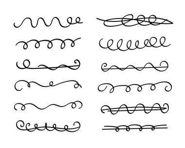 Altı çizili, elle çizilmiş kalem darbeleri. Doodle tarzı, dalgalı, kıvrımlı, çeşitli çizgili sanat eserleri. İzole edilmiş. Vektör