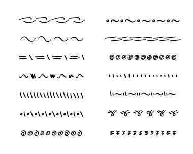 Altı çizili, elle çizilmiş kalem darbeleri. Doodle tarzı, dalgalı, kıvrımlı, çeşitli çizgili sanat eserleri. İzole edilmiş. Vektör
