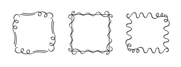 Квадратные каракули, волнистые монограммы ручной работы. Края и кадры с простыми эскизными каракулями вихревыми элементами дизайна. Изолирована. Вектор