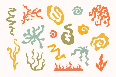 Mercanlar yosun organik siluet seti, sualtı omurgasız deniz canlıları polip eker. Düz, basit afiş, okyanus sanatı. İzole edilmiş. Vektör illüstrasyonu