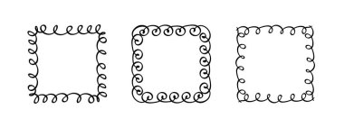 Kare kareler, el çizimi dalgalı kıvrımlı monogramlar. Kenarları ve kadroları basit karalamalı girdap tasarım elementleriyle. İzole edilmiş. Vektör
