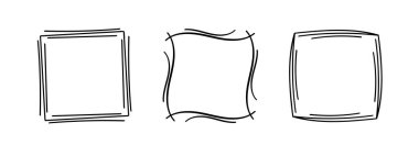 Kare kareler, el çizimi dalgalı kıvrımlı monogramlar. Kenarları ve kadroları basit karalamalı girdap tasarım elementleriyle. İzole edilmiş. Vektör