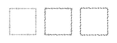 Kare karalama pulu çerçeveleri, el yapımı dalgalı kıvrımlı monogramlar. Kenarları ve kadroları basit karalamalı girdap tasarım elementleriyle. İzole edilmiş. Vektör