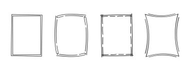 Çerçeve karalama dikdörtgen damgası, el çizimi dalgalı kıvrımlı monogramlar. Kenarları ve kadroları basit karalamalı girdap tasarım elementleriyle. İzole edilmiş. Vektör .