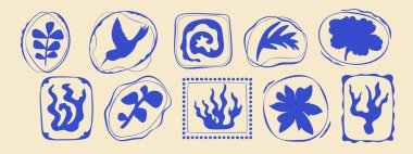 Pullu tropikal seyahat seti, el çizimi egzotik yaz tatili sınırları, çiçek kabuğu mercanlı soyut dalgalı kıvrımlı amblem. Minimalist organik seyahat silueti tasarım mektubu