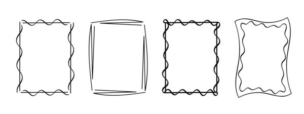 Прямоугольная марка, нарисованные вручную волнистые кудрявые монограммы. Края и кадры с простыми эскизными каракулями вихревыми элементами дизайна. Изолирована. Вектор .