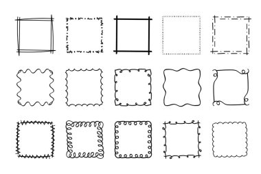 Kare karalama çerçeveleri, el yazması monogramlar. Kenarları ve kadranları basit tasarım elementleri. İzole edilmiş.