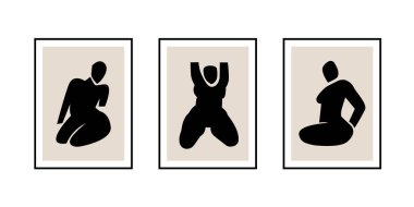 Çağdaş kadın figürleri siluet posteri, elle kesilmiş kadın pozları. Düz kolaj orta-yüzyıl boho tarzı, uygulamalı sanat baskısı tasarımı, minimal modern duvar dekoru.