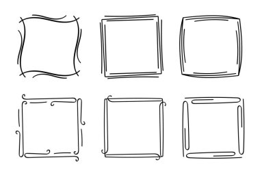 Kare karalama pulu çerçeveleri, el yapımı dalgalı kıvrımlı monogramlar. Kenarları ve kadroları basit karalamalı girdap tasarım elementleriyle. İzole edilmiş. Vektör