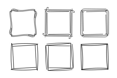 Kare karalama pulu çerçeveleri, el yapımı dalgalı kıvrımlı monogramlar. Kenarları ve kadroları basit karalamalı girdap tasarım elementleriyle. İzole edilmiş. Vektör